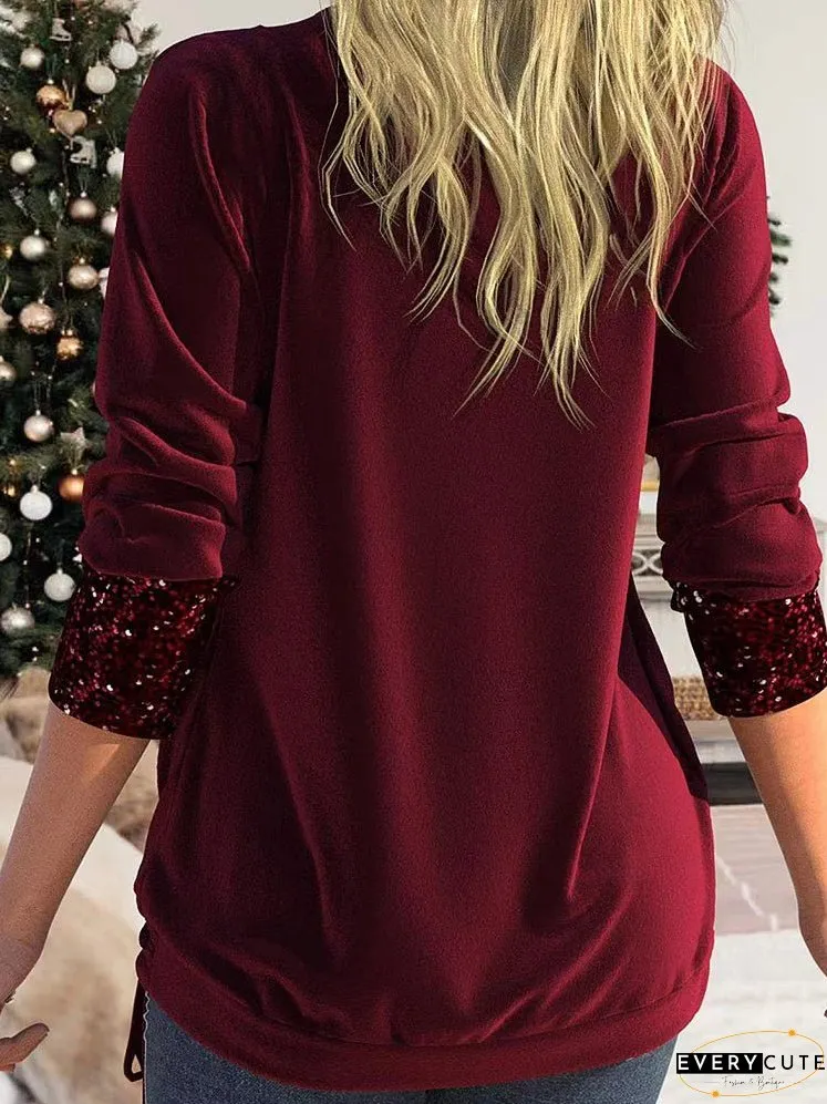 Sequin Panel Solid Long Sleeve Drop Collar Pleated T-Shirt
