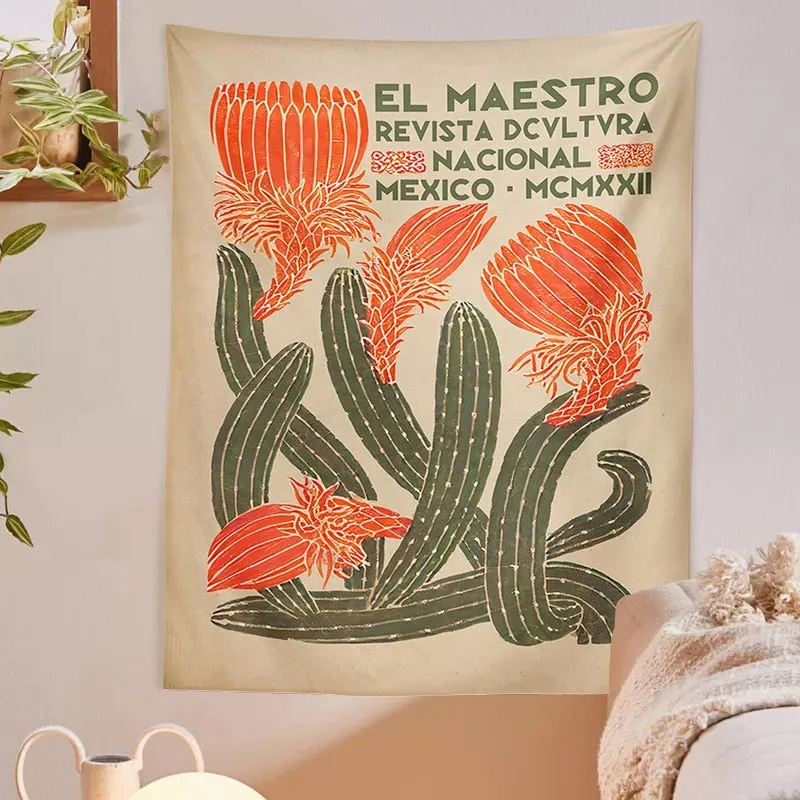 Botanical Cactus Tapestry Wall Hanging Retro Flower background Hippie Bohemian Tapestries Psychedelic poster Home Decor print