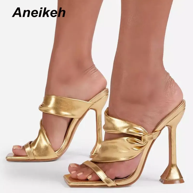Aneikeh Women's Shoes 2021 NEW Summer Fashion Pleated Sweet Narrow Band PU Solid Stiletto Heels Slippers Retro Zapatos De Mujer