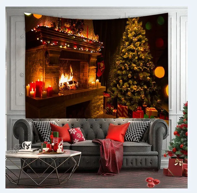 Christmas Tree Print Tapestry Wall Hanging Background Cloth Decor Red Santa Claus Polyester Tapestry Home Room Wall Decoration