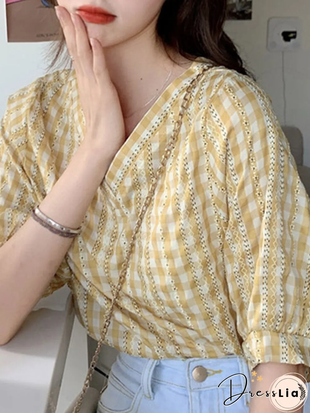 Check Print V-neck Loose Short Sleeve Women Blouse