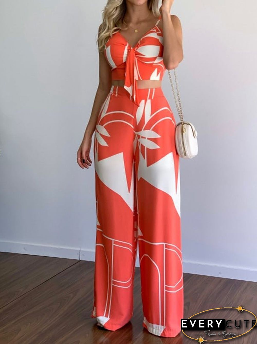 Women'S Sets V-Neck Cropped Tank Top & Printed Wide-Leg Pants Two-Piece Set