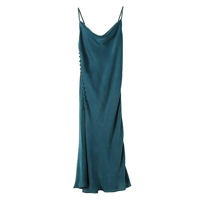 Ordifree 2022 Summer Vintage Women Satin Slip Dress with Slit Black Spaghetti Strap Silk Sexy Long Party Dress