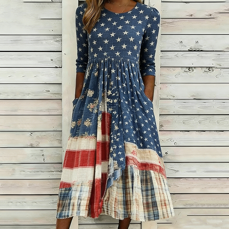 Comstylish Women's Retro July 14th Commemorative Print Casual Crew Neck Dress