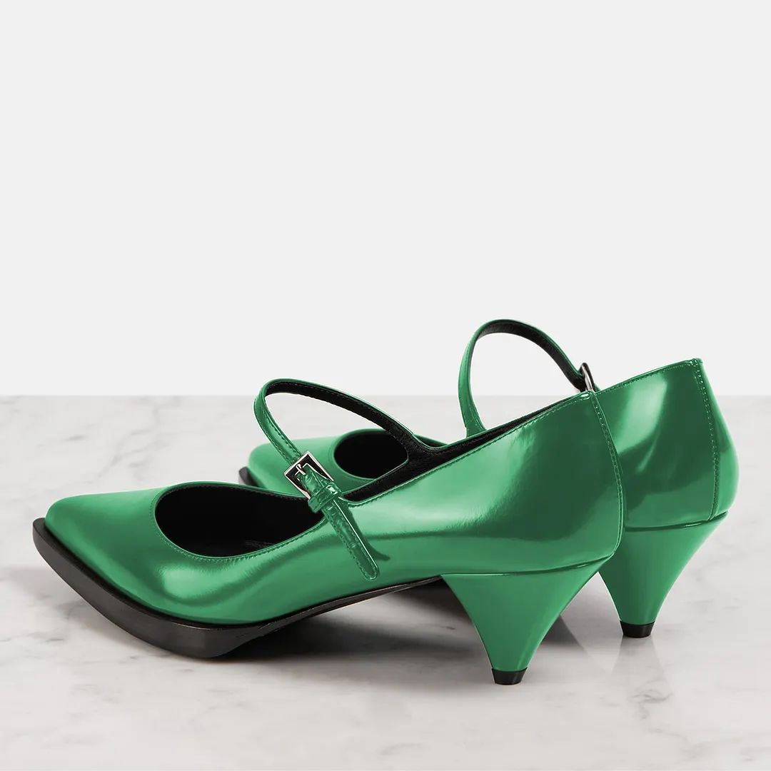 Shiny Dark Green Vegan Leather Heel Buckle Fastening Strappy Pumps