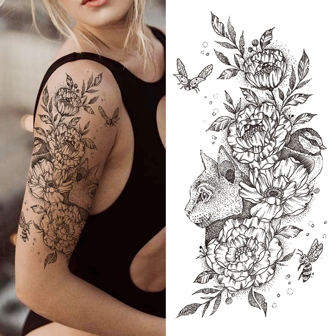 Realistic Fake Peony Temporary Tattoos For Women Girl Black Rose Elephant Flower Tattoo Sticker Tiger Anemone Tatoos Half Sleeve 1108-1