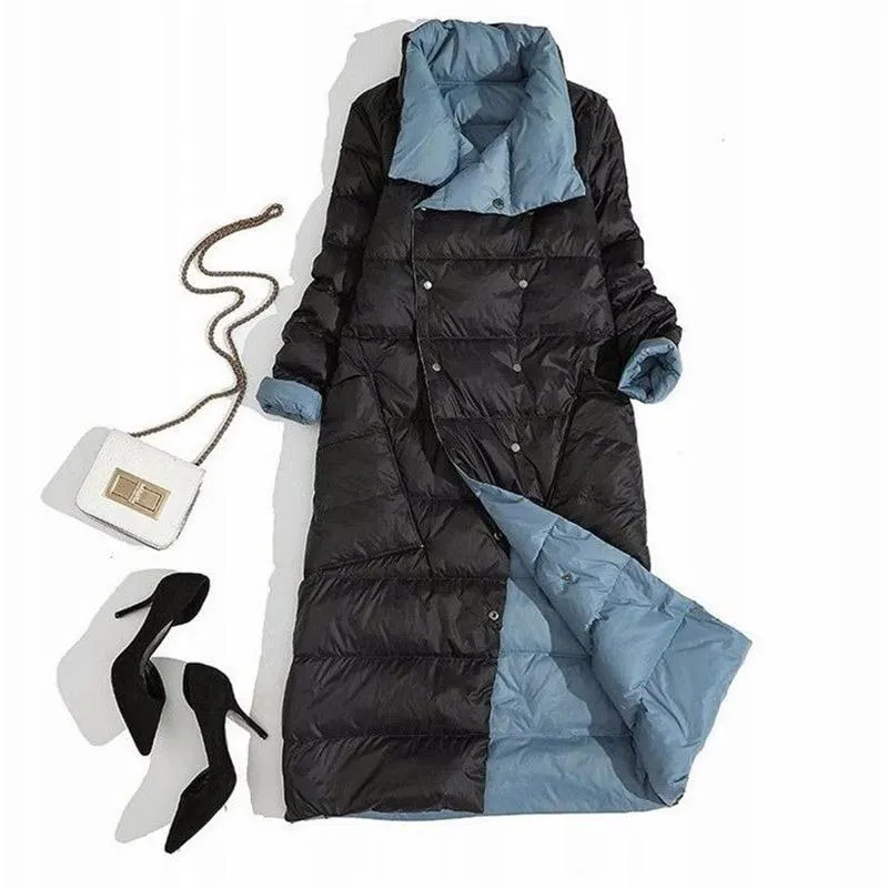 FTLZZ Ultra Light Long Jacket Women Winter Double Sided Slim White Duck Down Coat Single Breasted Turtleneck Warm Parkas