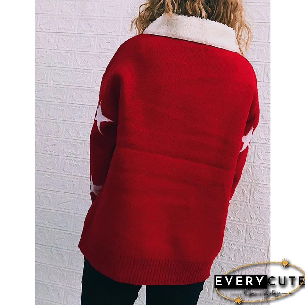 Red Deer Print Lapel Collar Thicken Christmas Pullover Sweater