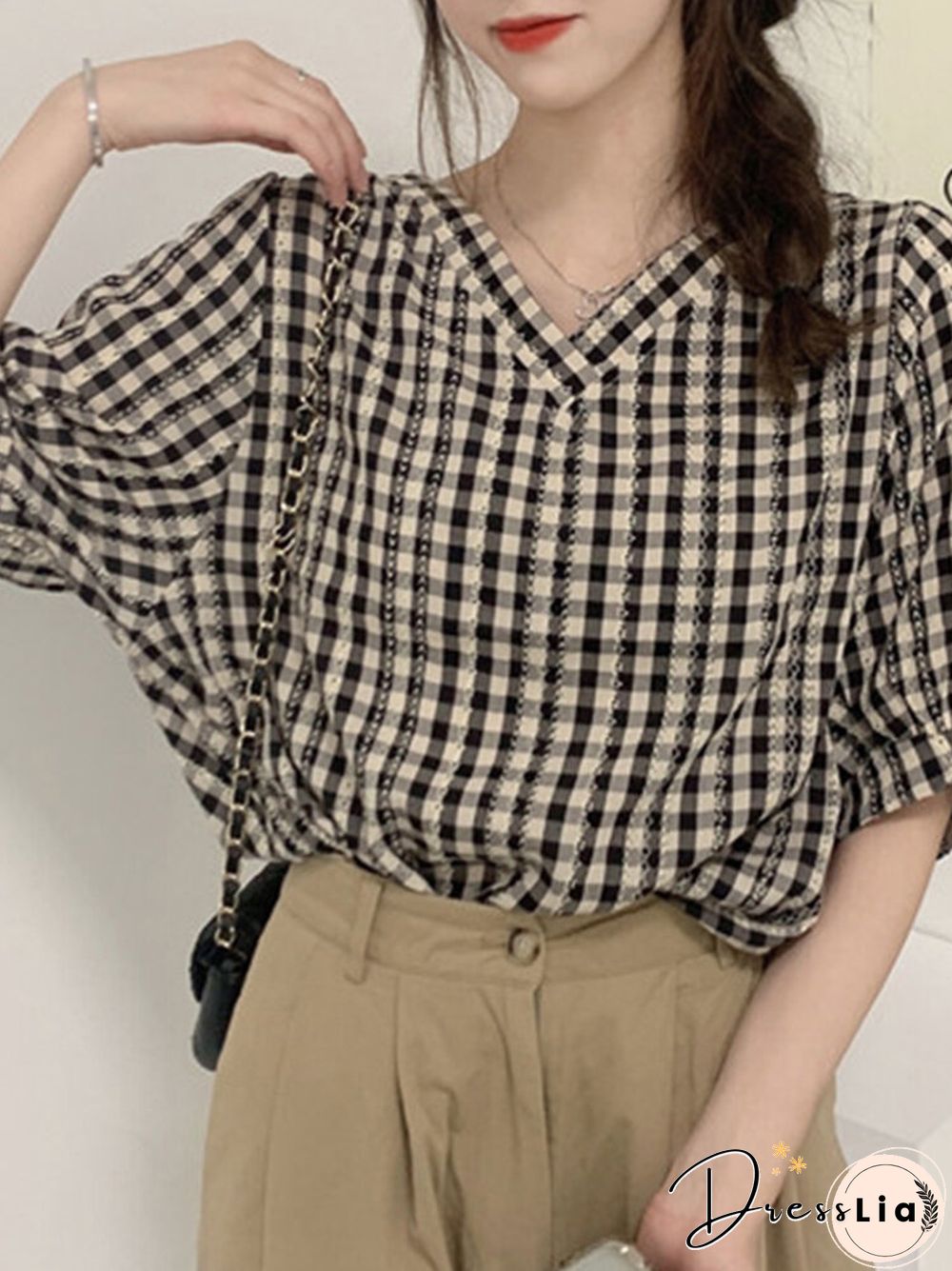 Check Print V-neck Loose Short Sleeve Women Blouse