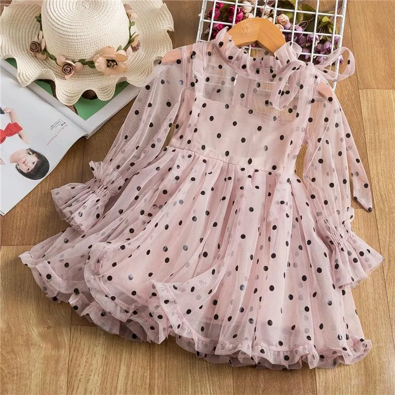 Fairy Spring Girls Dress Full Sleeve Polka Dots Girls Princess Dress Elegant Girls Party Frocks Dress Children Birthday Costume