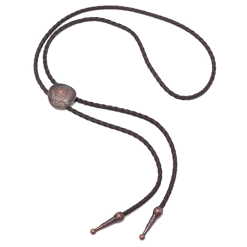 Vintage Nautical Ship Leather Woven Bolo Tie