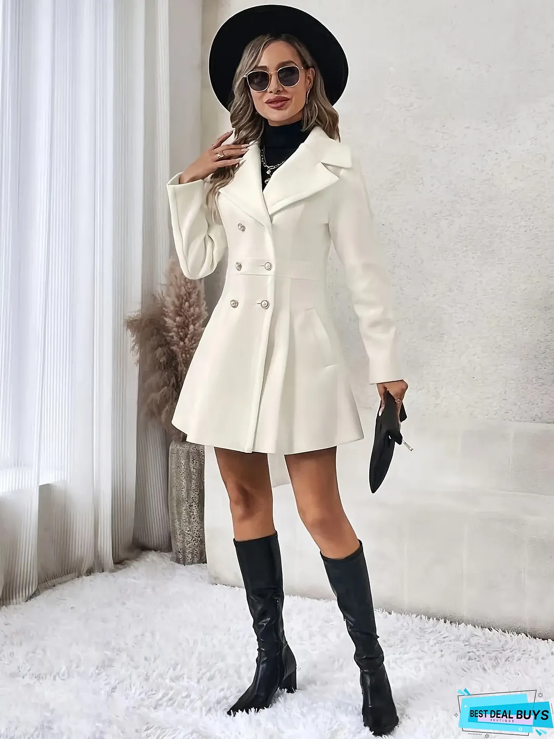 Double-breasted Flare Coat, Elegant Notched Collar Long Sleeve Blazer For Fall & Winter, Women's Clothing