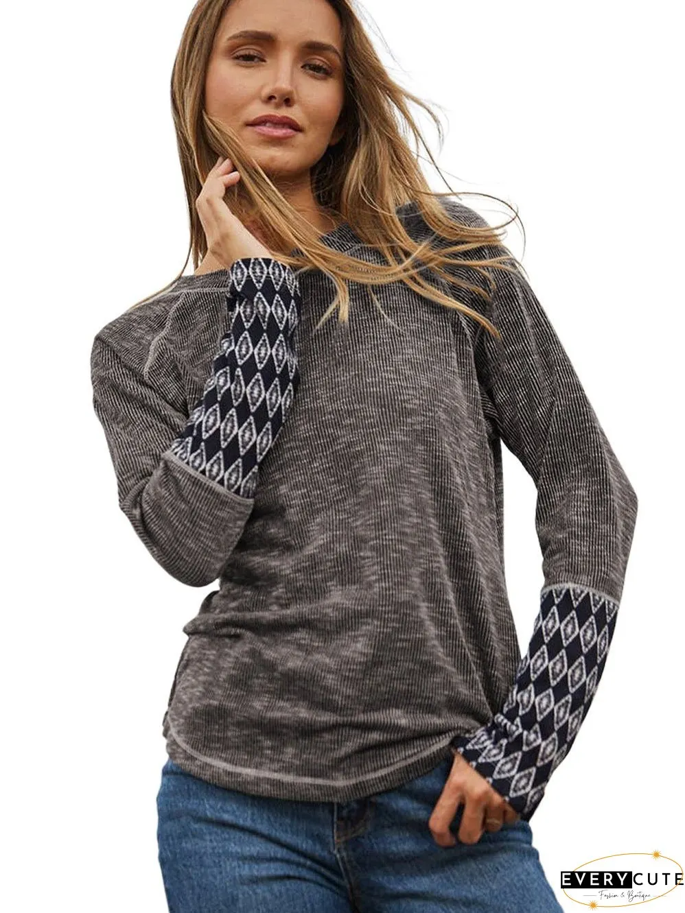 Cozy Gray Aztec Patterned Ribbed Top