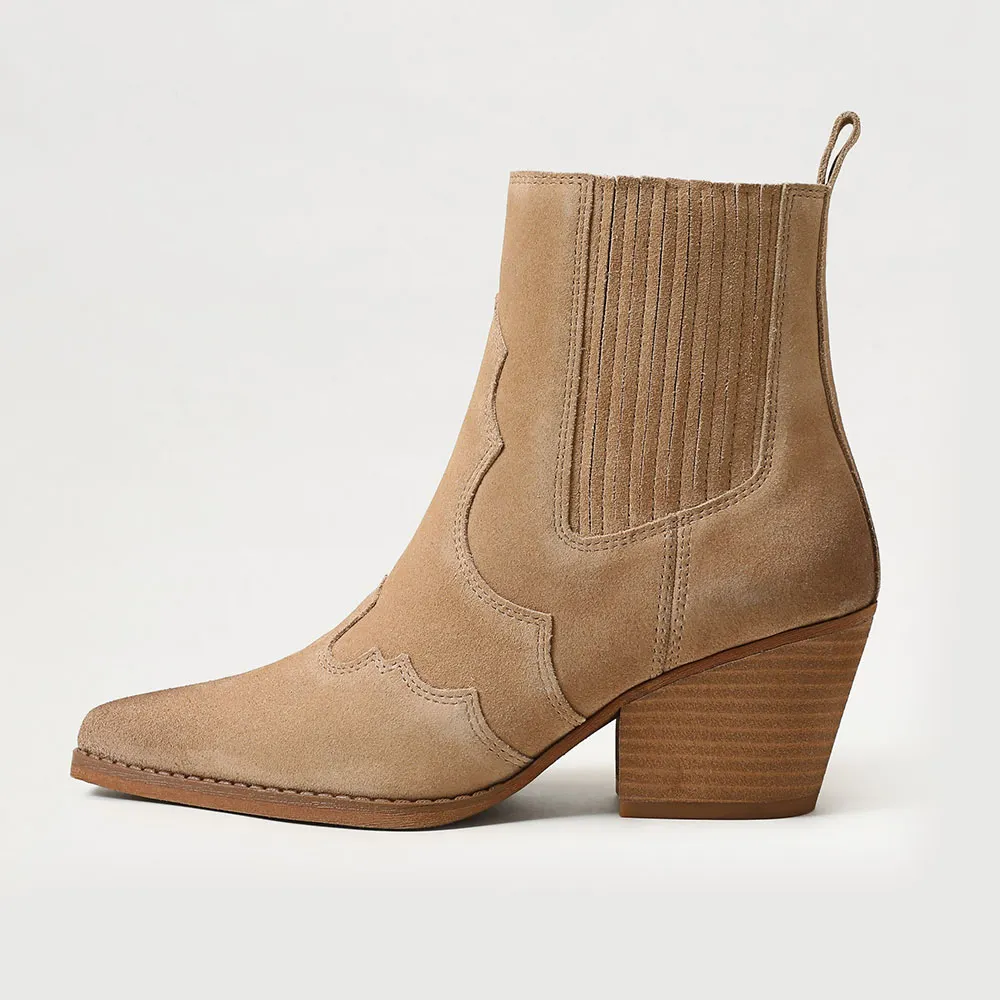 YDN Tan Mid Chunky Heel Comfortable Stitching Pointed Toe Boots