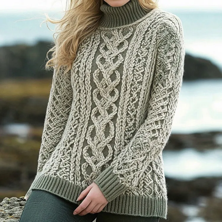 Women's Thick Knit Texture Contrast Color Aran Sweater