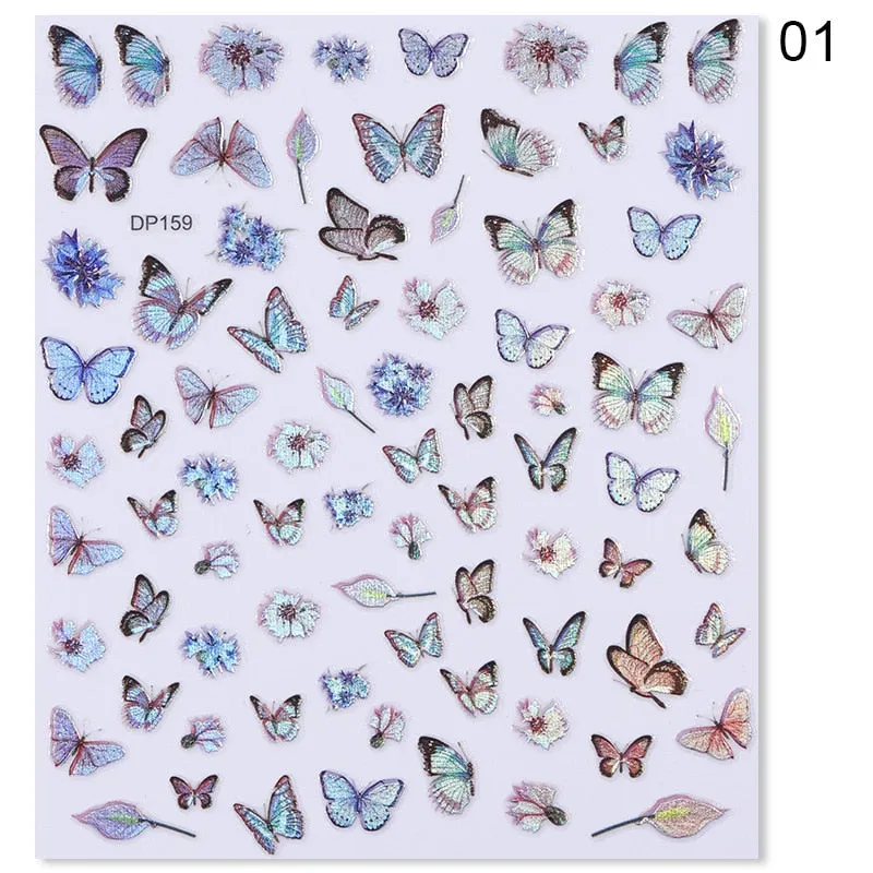 1pc Holographic Blue Nail Stickers Pink Colorful Butterfly Art Sticker With Adhesive DIY Extension Flowers Rose Nail Decoration-Nail Inspo