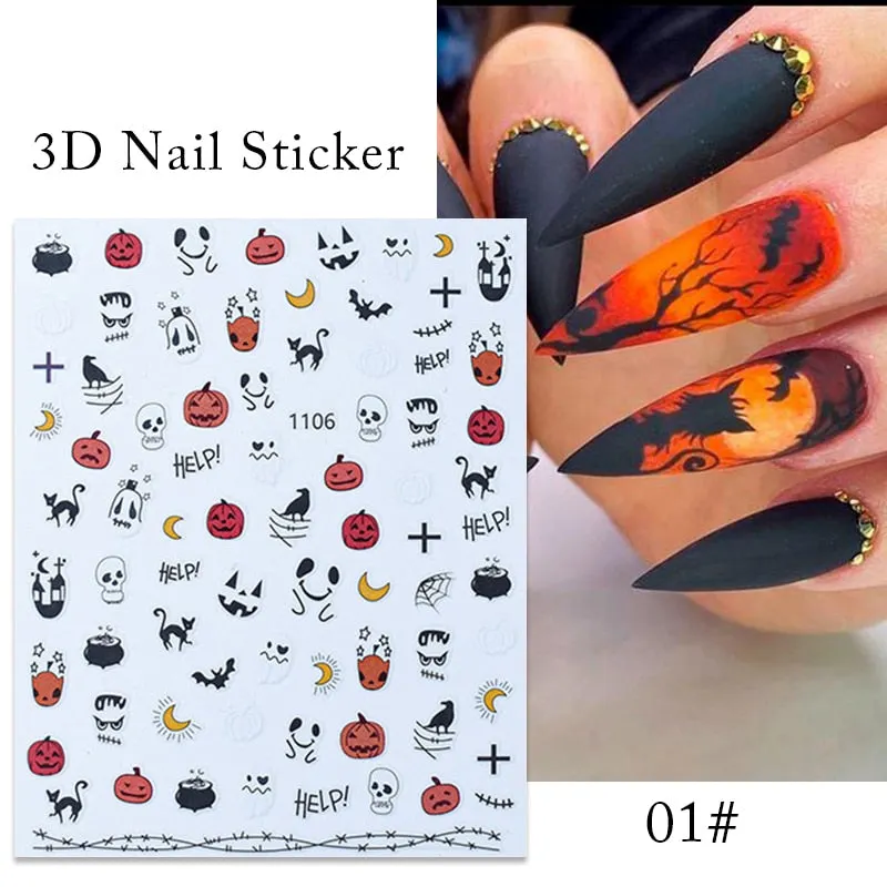 1pcs Halloween Pumpkin Skull Design 3D Nail Stickers Geometry Christmas Snowflake Winter Slider Nail Foils Manicures Decoration