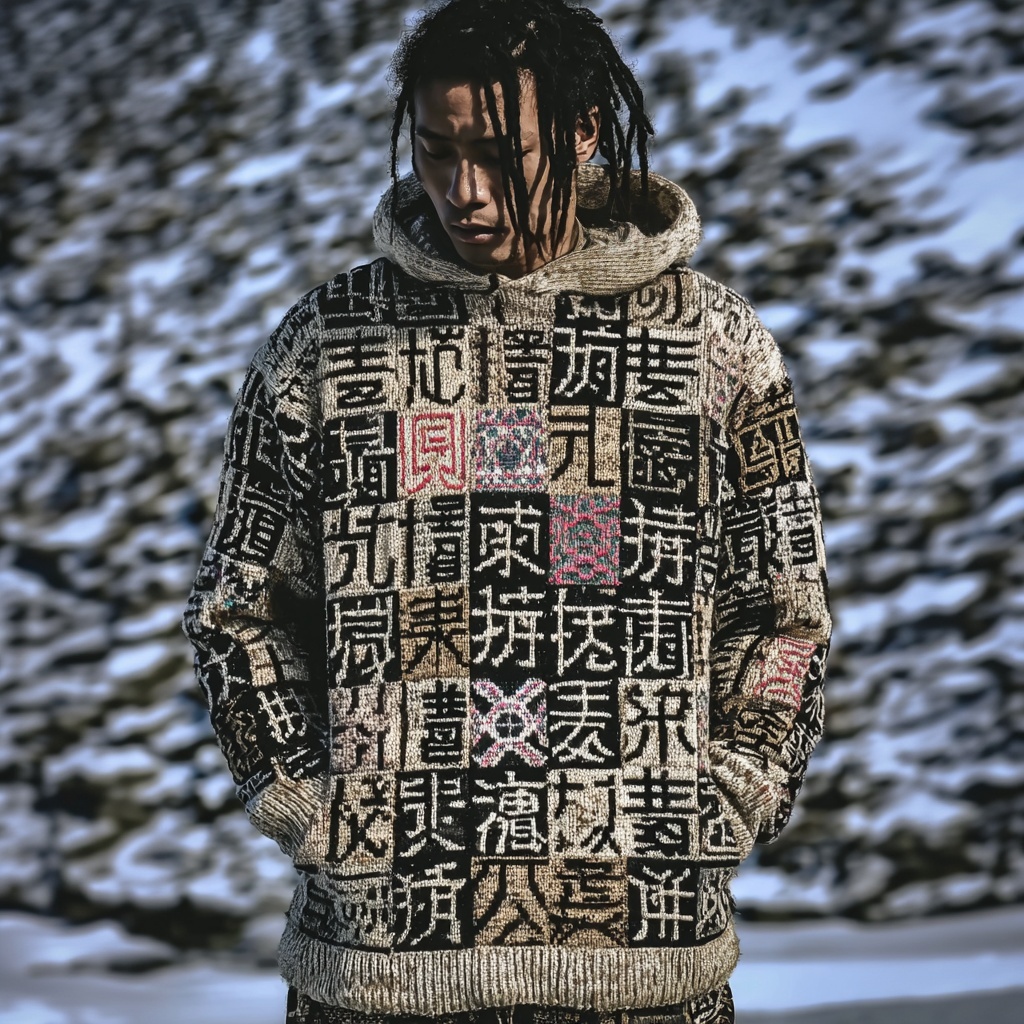 Men's Vintage Japanese Calligraphy Art Chunky Hooded Sweater