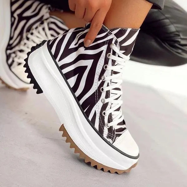 Yyvonne 2022 Women Platform Canvas Sneakers Lace-Up High Top Female Casual Shoes Fashion Zebra Pattern Lace Up Lady Sports Boots