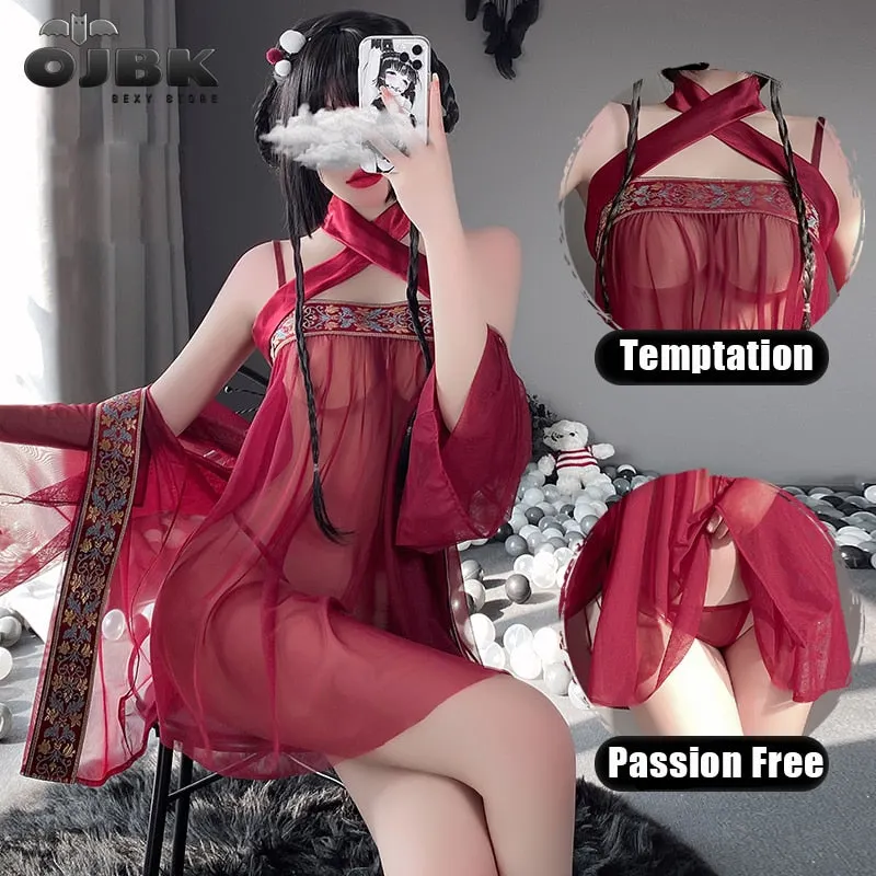 OJBK Chinese Traditional Costumes Sexy Lingerie Mesh Nightgowns Chiffon Women Classical Embroidery Nightdress Adult Outfit Sets