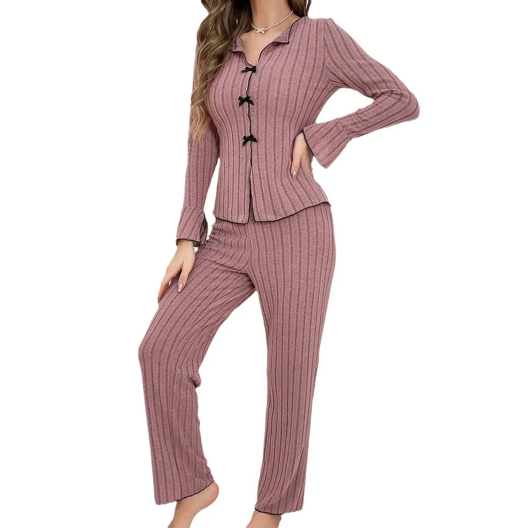 Churchf Pajamas Women Simple Fashion Collar Casual Bow Long Sleeve Trousers Homewear Suit Women