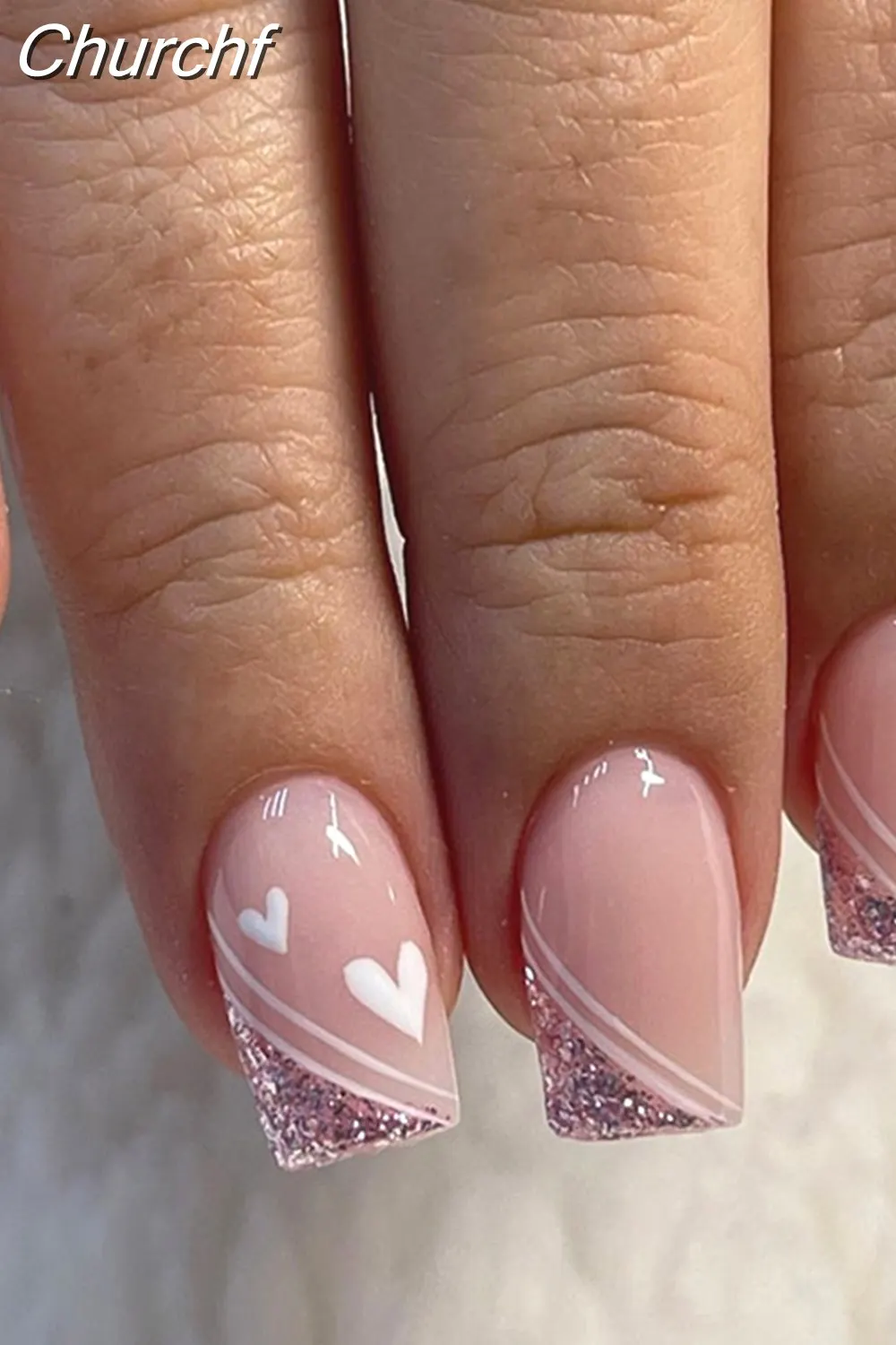 Churchf French White Side False Nails Wearable Rhinestone Desgin Fake Nails Short Simple Nail Full Cover Nail Tips Press On Nails-Nail Inspo