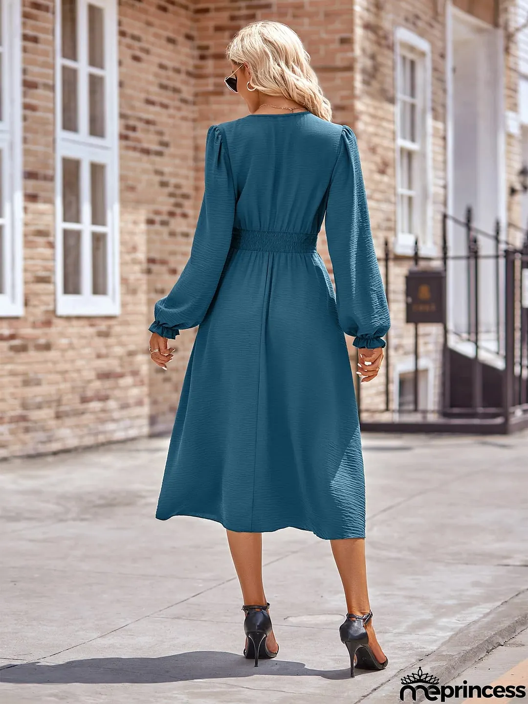 Buttoned V-Neck Flounce Sleeve Midi Dress