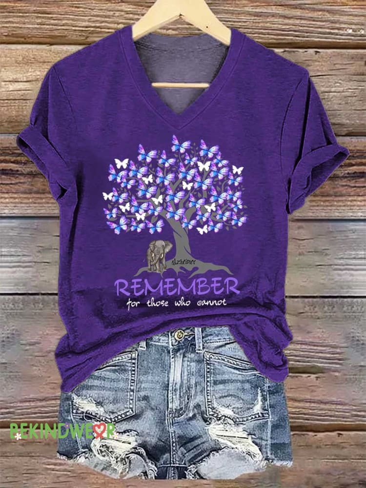 Women&rsquo;s Alzheimer Remember for Those Who Cannot V-neck Casual T-Shirt Purple / S