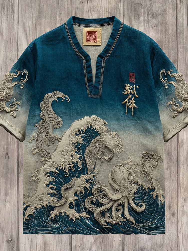 Japanese Wave & Octopus Men's Linen V-neck Shirt