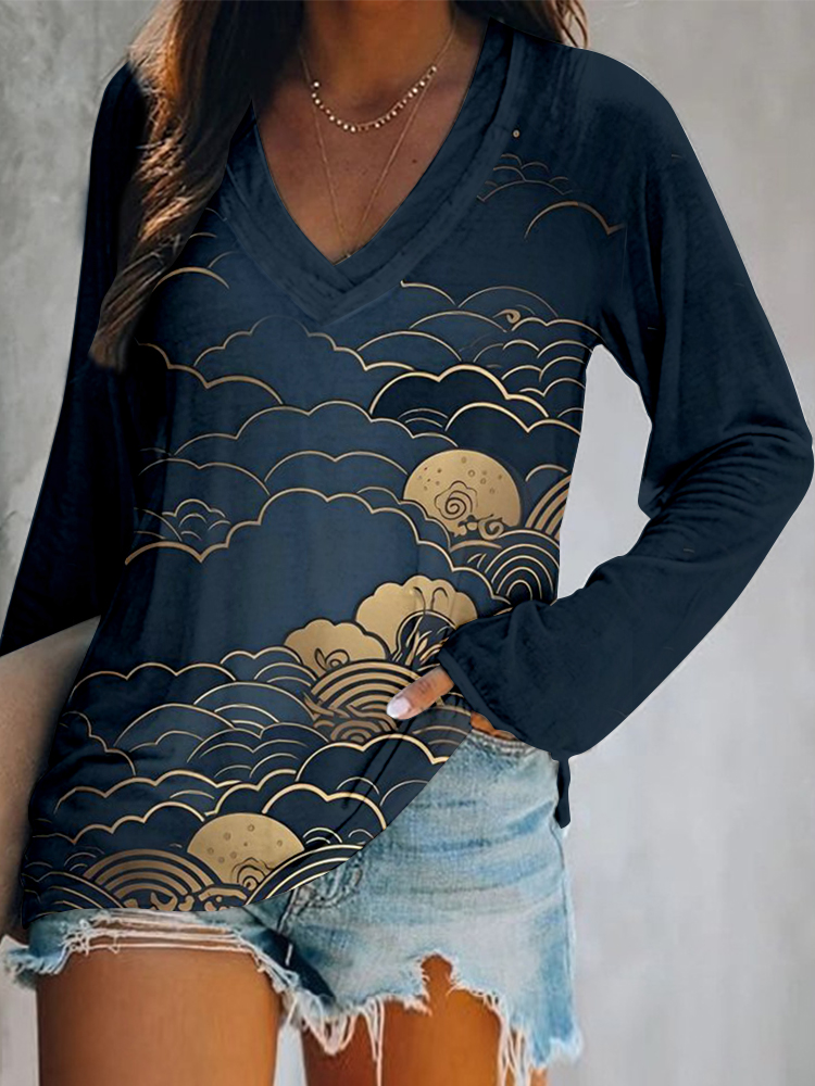 Japanese Clouds & Waves Art V Neck Casual T Shirt elevenforest