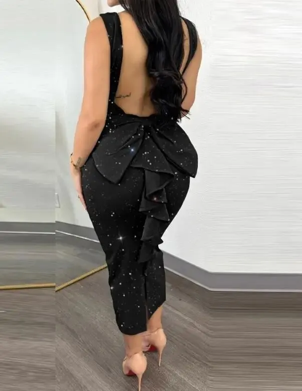 Uveng Sexy Glitter Ruffle Hem Backless Bodycon Evening Dress Women's Fashion Elegant Skinny Party Prom Dresses