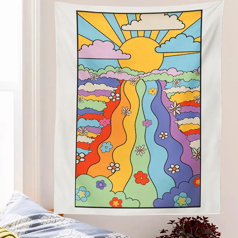 70's Girly Rainbow and Floral Tapestry Wall Hanging 70's Sunset and Flowers Tapestry Decor Living Room Bedroom Bohemian Print