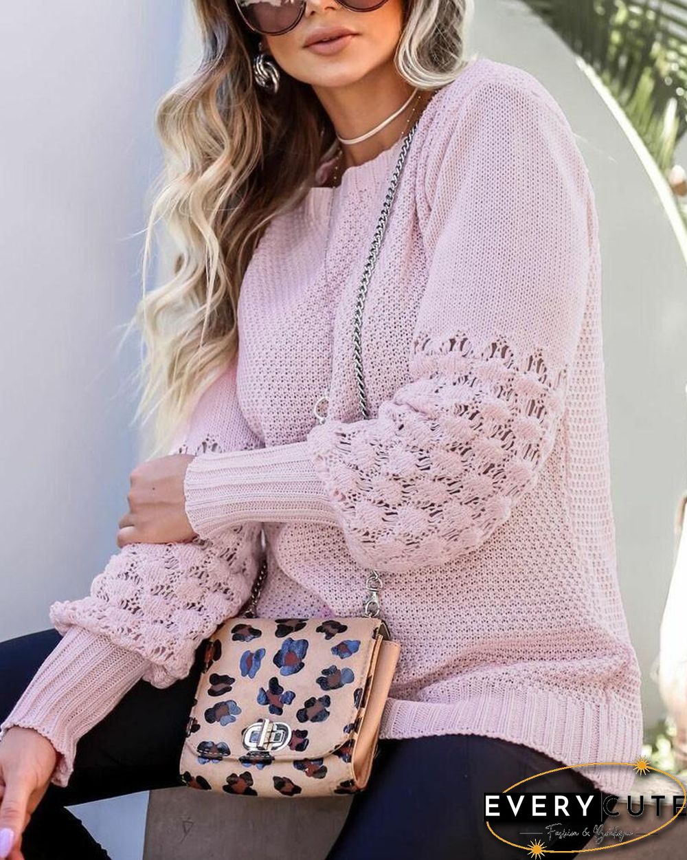 Hollow-Out Knitted Lantern Sleeve Sweater