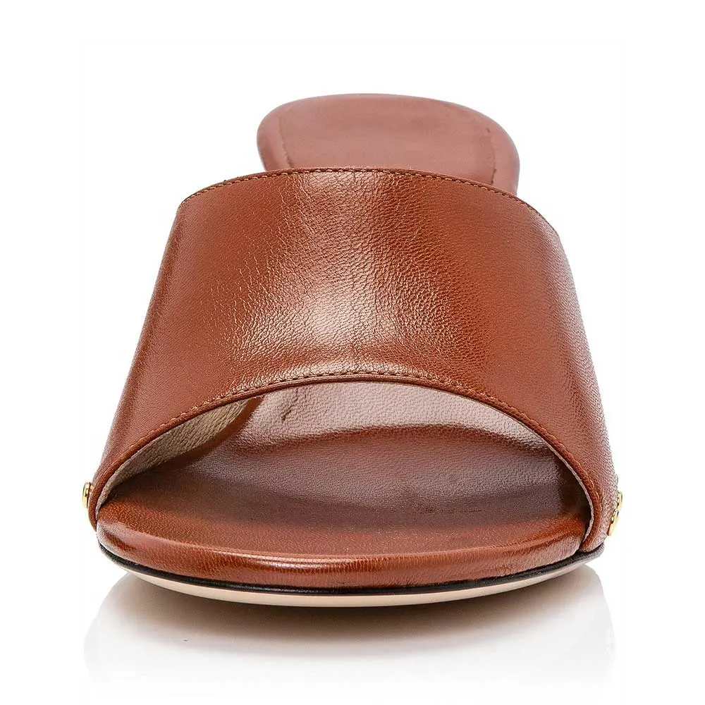 Brown Faux Leather Round Toe Flared Heel Mules for Women with Studded