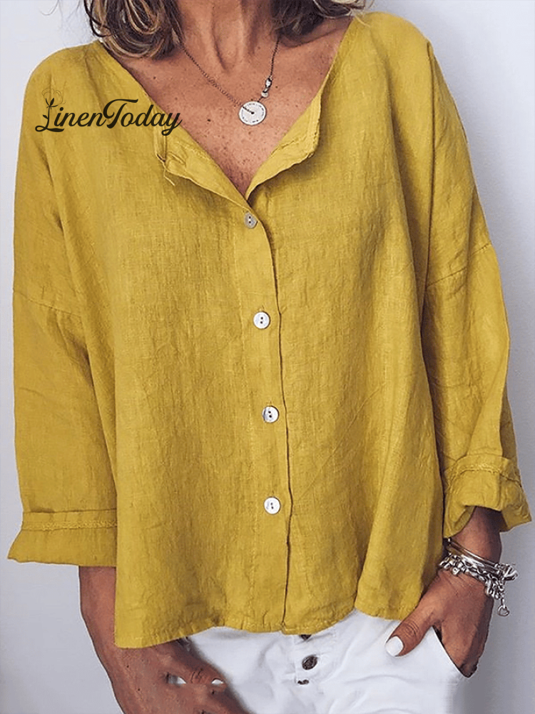 Women&rsquo;s Solid Color Simple Casual Cotton And Linen Tops Yellow / S