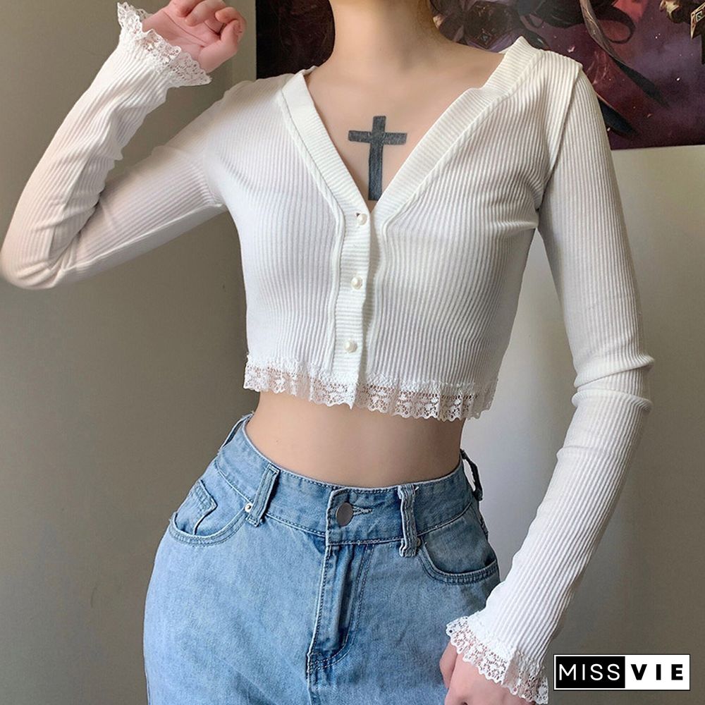 V-neck Long Sleeve Cardigan Lace Crop Top