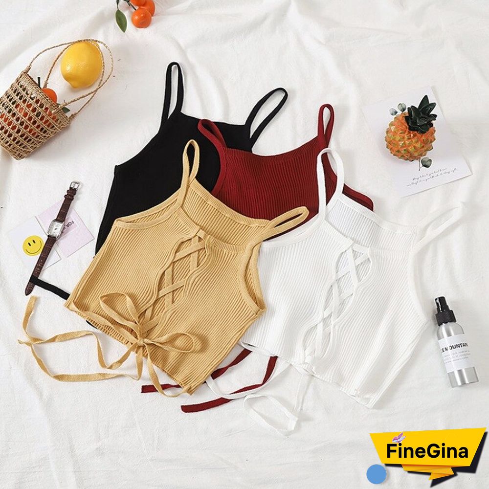 Women Crop Top Knitted Bandage Tops Spaghetti Club Camis Halter Tank Top Female Bare Midriff Solid Camisole Summer