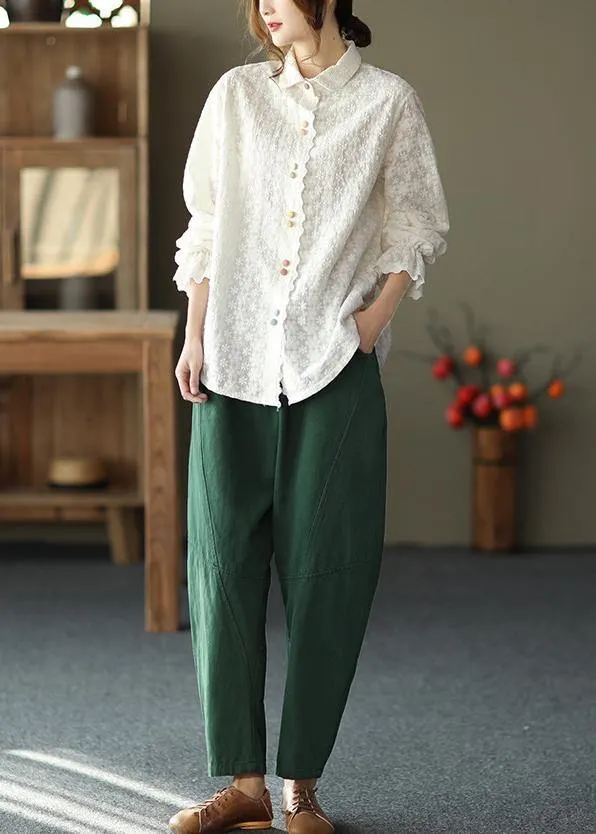 Women White Embroidery shirts Lapel white button loose Spring blouse