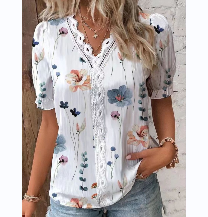 Summer Comfortable Sweet Retro Printed Lace V-neck Slim-Fit Short-Sleeved Women's T-shirt