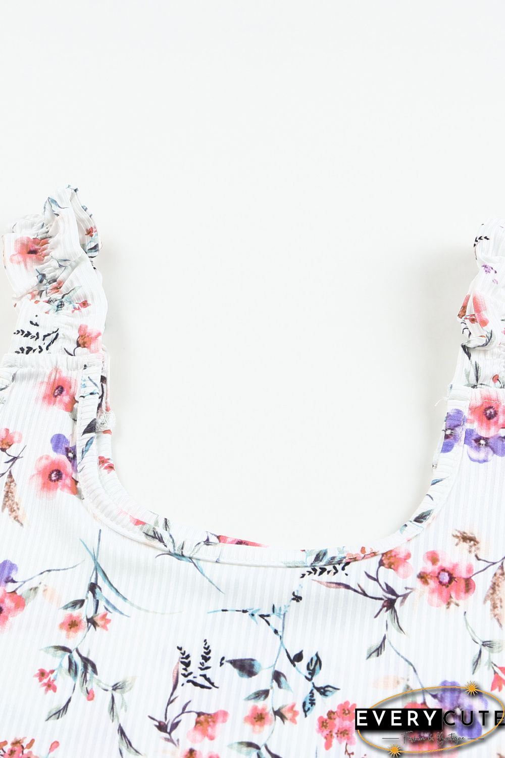 White Ruffle Straps Floral Rib Knit Tank Top