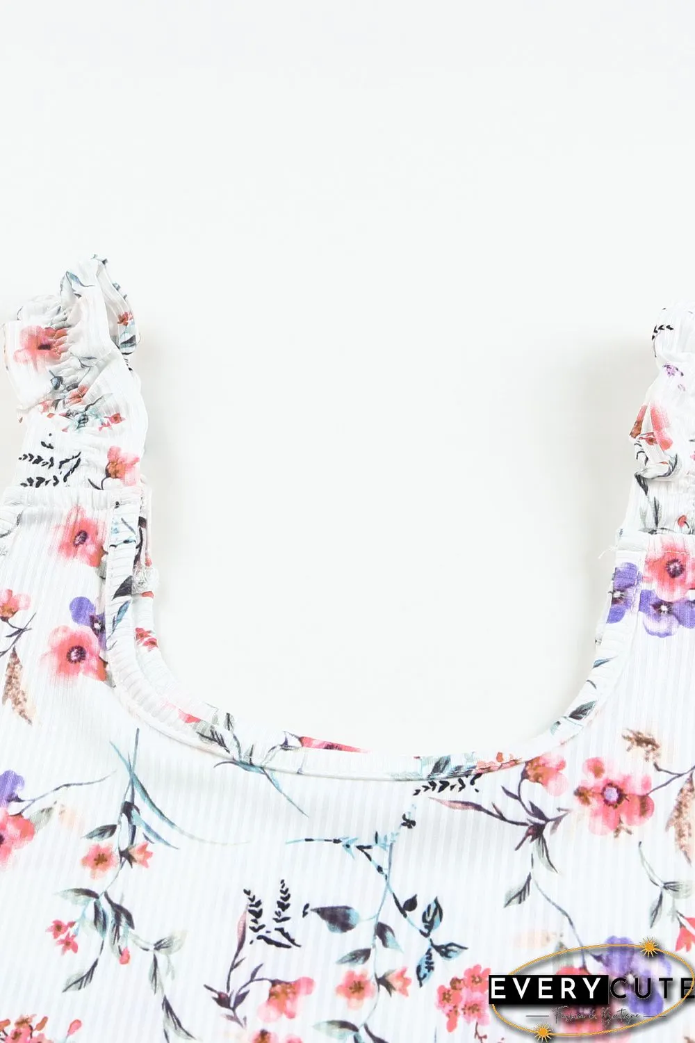 White Ruffle Straps Floral Rib Knit Tank Top