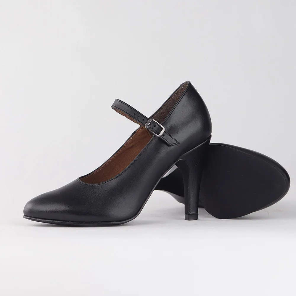 Black Round Toe Buckle Strap Chunky Heel Elegant Mary Jane Pumps
