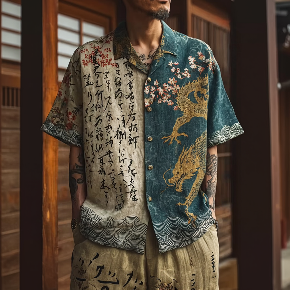 Japanese Art Retro Pattern Clash Color Design Men's Casual Linen Shirt elevenforest
