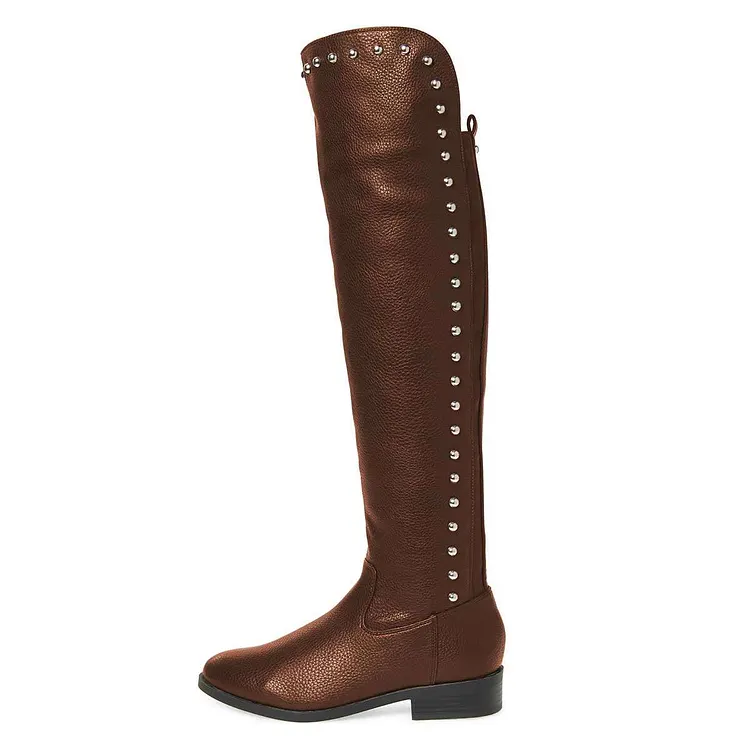 Brown Knee High Flat Boots with Round Toe Vdcoo