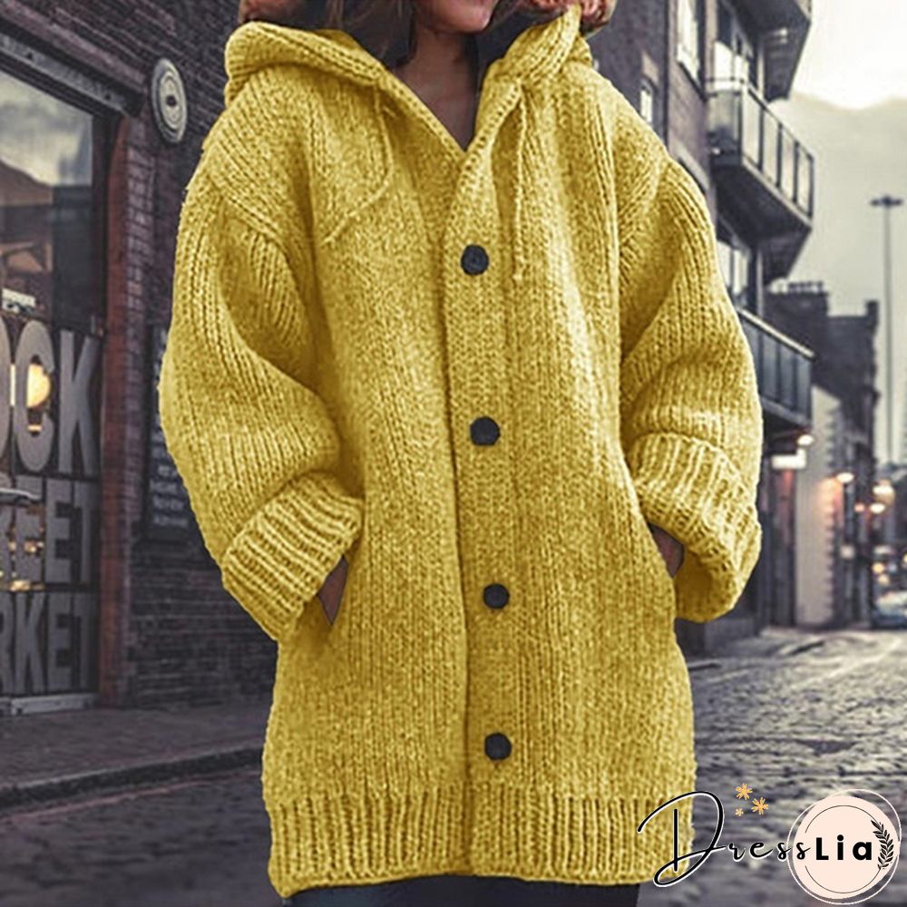 Women Fashion Mid-length Button Up Knitted Cardigan Jackets Ladies Casual Autumn and Winter Hooded Sweater Coats Strickjacke Damen