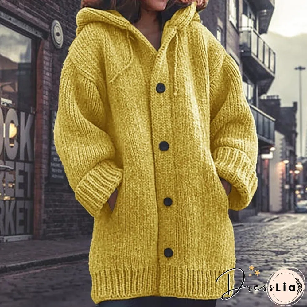 Women Fashion Mid-length Button Up Knitted Cardigan Jackets Ladies Casual Autumn and Winter Hooded Sweater Coats Strickjacke Damen