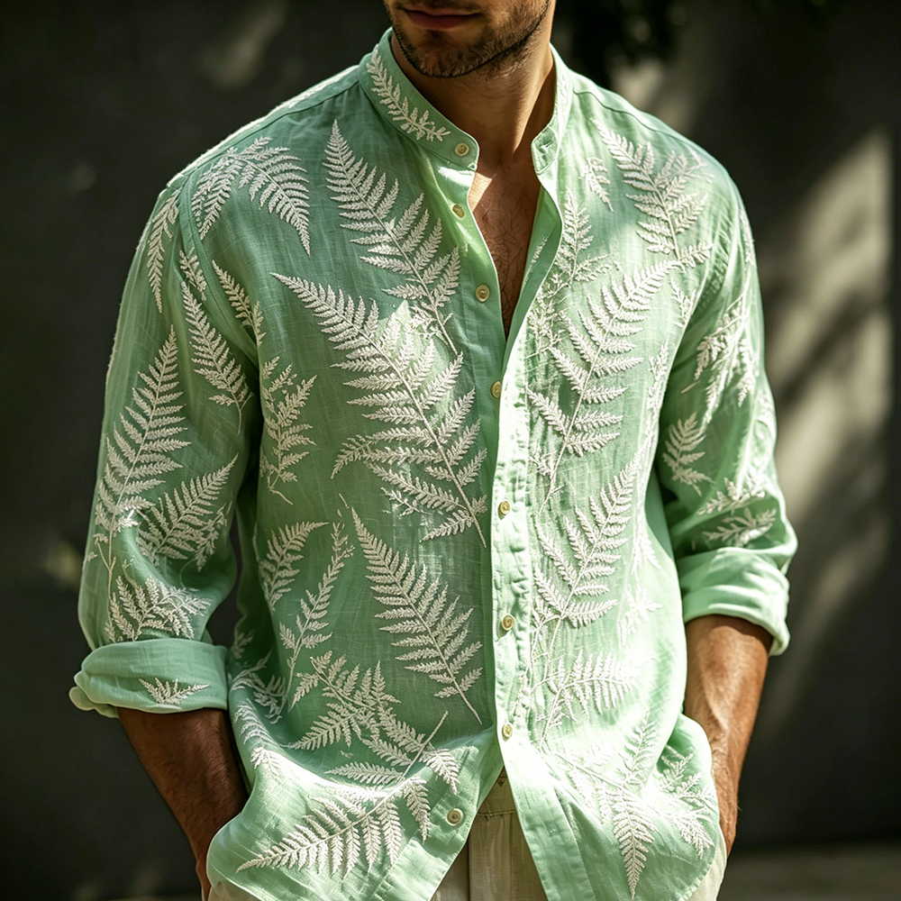 Comstylish Men's Herbal Art Embroidered Mint Green Linen Blend Long Sleeve Shirt