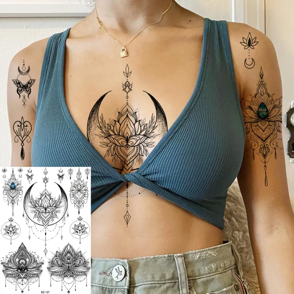 Sdrawing Henna Temporary Tattoos For Women Girls Feather Butterfly DreamCatcher Fake Gem Tattoo Sticker Chest Arm Tatoos Tribal
