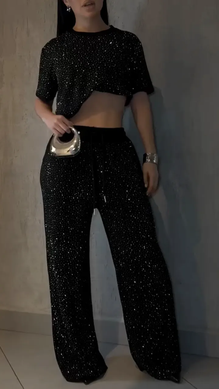 Crew-Neck Black Casual Two-Piece Set with Hot-Fix Rhinestones
