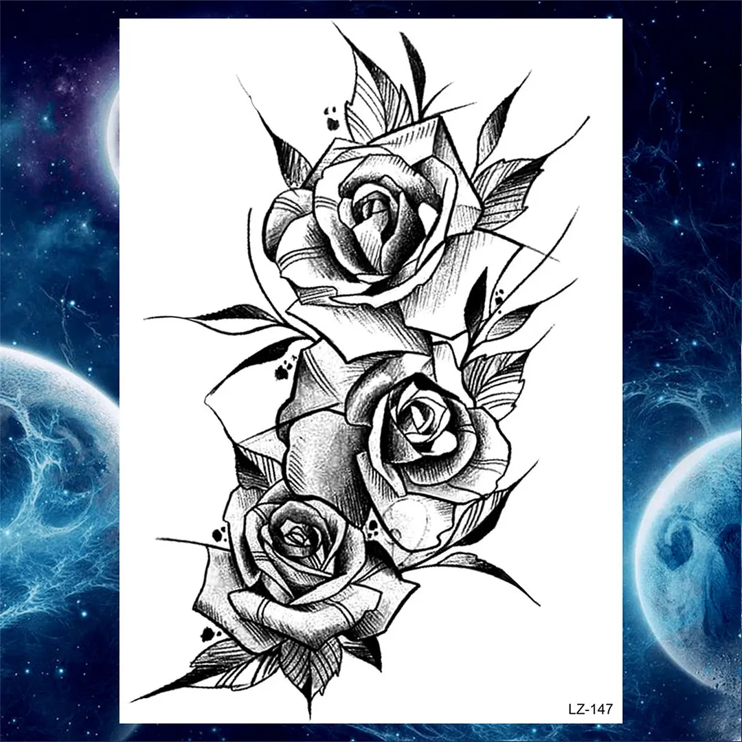 Black Rose Flower Temporary Tattoos For Women Girls Floral Peony Tattoo Sticker Dahlia Fake Anemone 3D Arm Tatoos Self Adhesive